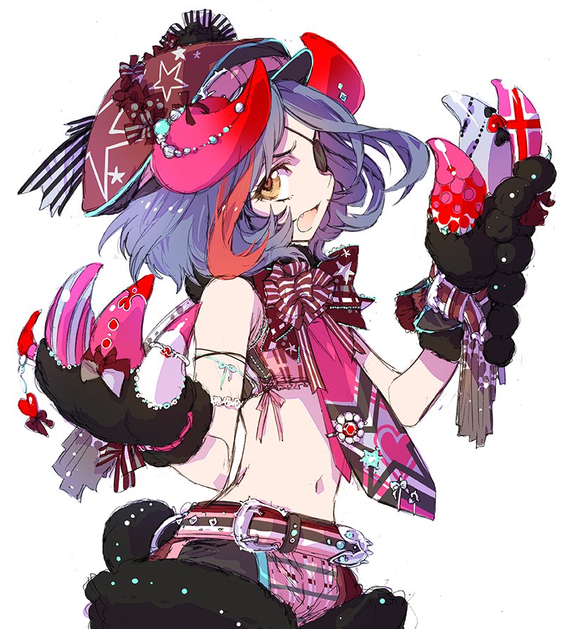 1girl, bare_shoulders, belt, black_gloves, blue_hair, bow, bowtie, claws
