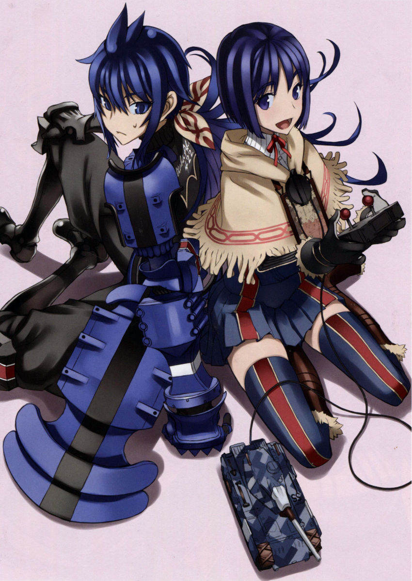 2girls, absurdres, armor, black_gloves, blue_eyes, blue_hair, blue_skirt, edelweiss_(senjou_no_valkyria), gloves, grey_background, ground_vehicle, highres, holding, honjou_raita, imca, isara_gunther, kneeling, long_hair, military, military_uniform, military_vehicle, motor_vehicle, multiple_girls, open_mouth, pleated_skirt, red_ribbon, ribbon, senjou_no_valkyria, senjou_no_valkyria_1, senjou_no_valkyria_3, short_hair, simple_background, sitting, skirt, sweatdrop, tank, thigh-highs, uniform