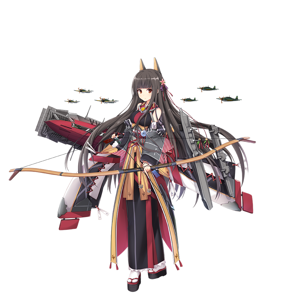 1girl, aircraft, aixioo, akagi_(zhan_jian_shao_nyu), anchor, animal_ears, arrow, bangs, bell, black_gloves, black_hair, blunt_bangs, bow, breasts, brown_eyes, cannon, closed_mouth, detached_sleeves, eyebrows_visible_through_hair, fake_animal_ears, fingerless_gloves, flight_deck, flower, full_body, gloves, hair_flower, hair_ornament, headgear, holding_bow_(weapon), japanese_clothes, long_hair, long_sleeves, looking_at_viewer, machinery, obi, official_art, remodel_(zhan_jian_shao_nyu), sandals, sash, single_glove, solo, standing, transparent_background, turret, wide_sleeves, zhan_jian_shao_nyu