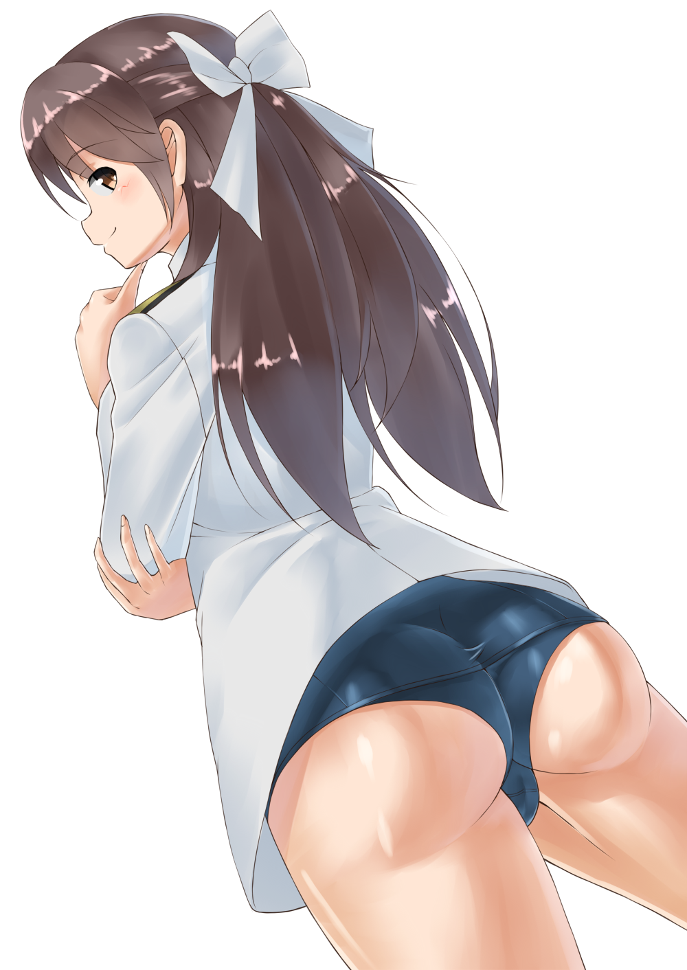 1girl, arai_kogane, ass, brave_witches, brown_eyes, brown_hair, finger_to_chin, from_behind