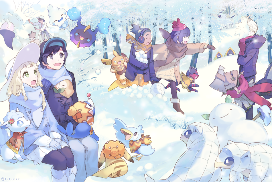 2boys, 4girls, :d, ^_^, absol, alolan_raichu, alolan_sandshrew, alolan_vulpix