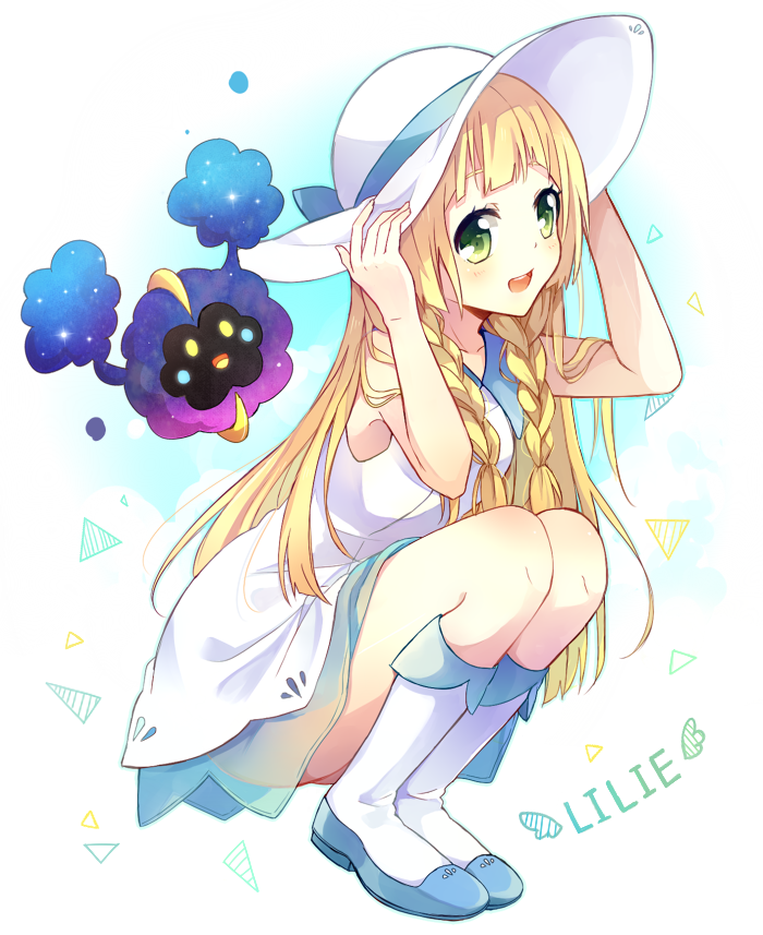 1girl, a_(riduass023), blonde_hair, braid, cosmog, dress, green_eyes, hat, lillie_(pokemon), long_hair, open_mouth, pokemon, pokemon_(creature), pokemon_(game), pokemon_sm, see-through, sleeveless, sleeveless_dress, squatting, sun_hat, twin_braids, white_dress, white_hat