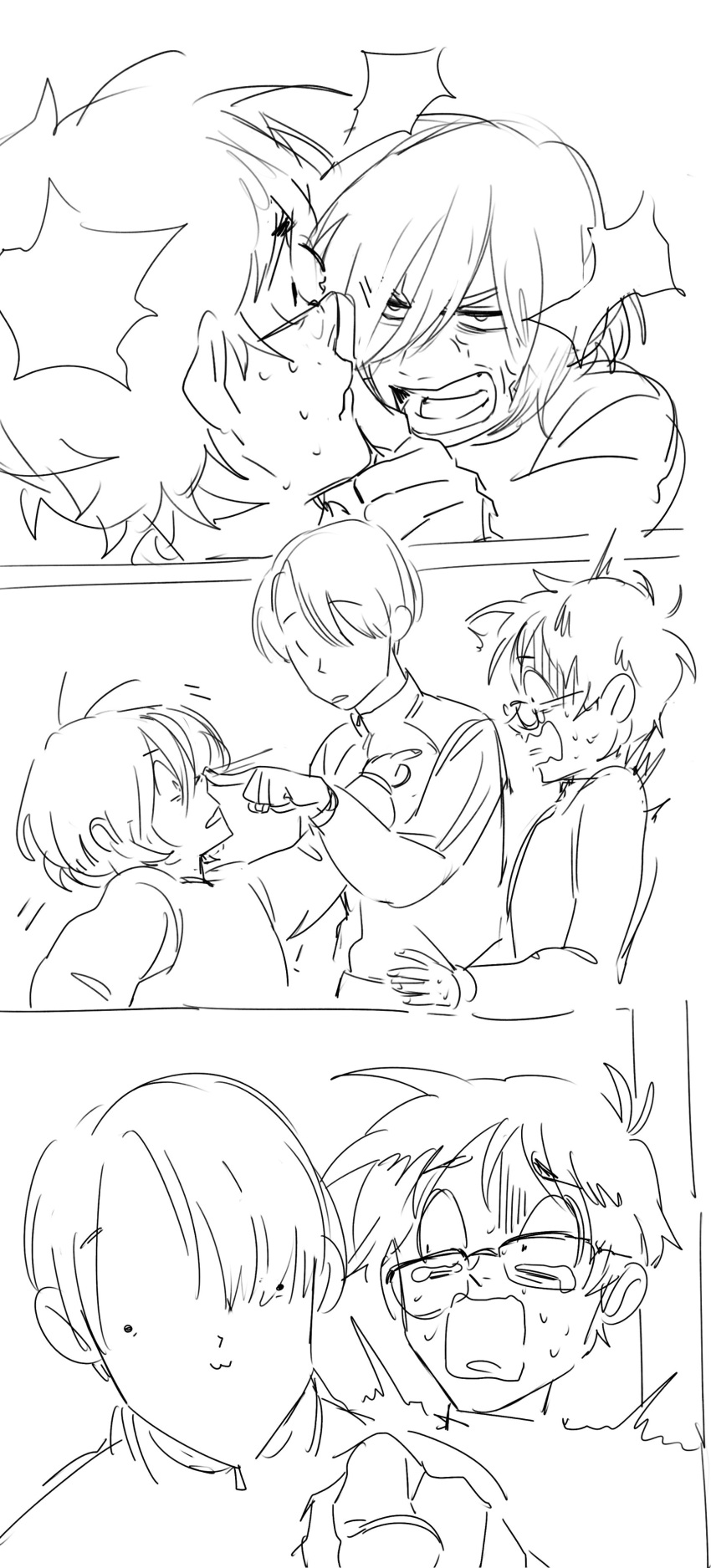 3boys, :3, absurdres, anger_vein, angry, blank_speech_bubble, comic, glasses