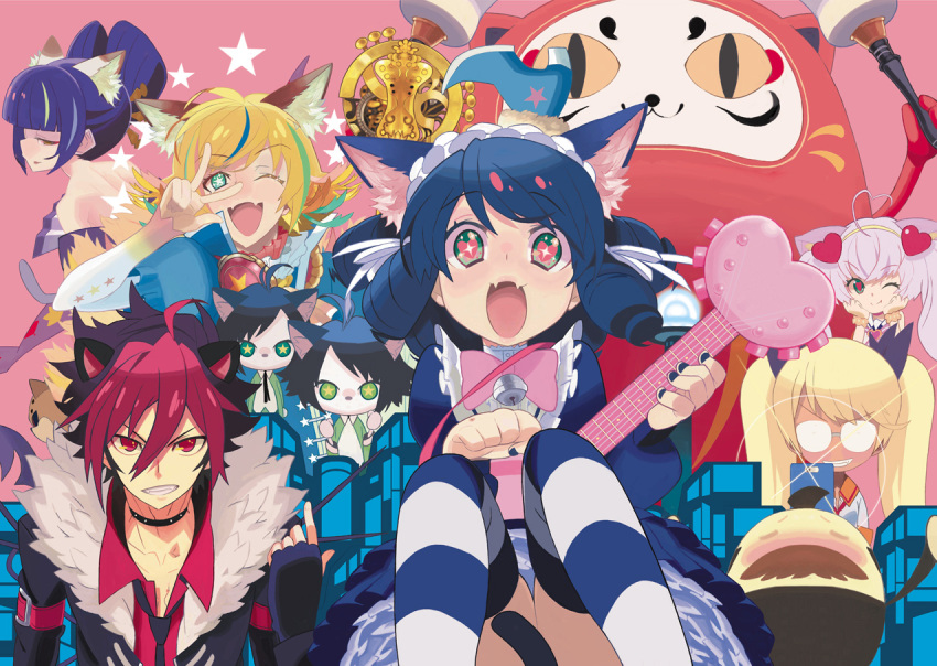 4girls, 6+boys, ;), animal_ears, arisugawa_maple, bell, black_hair, black_necktie