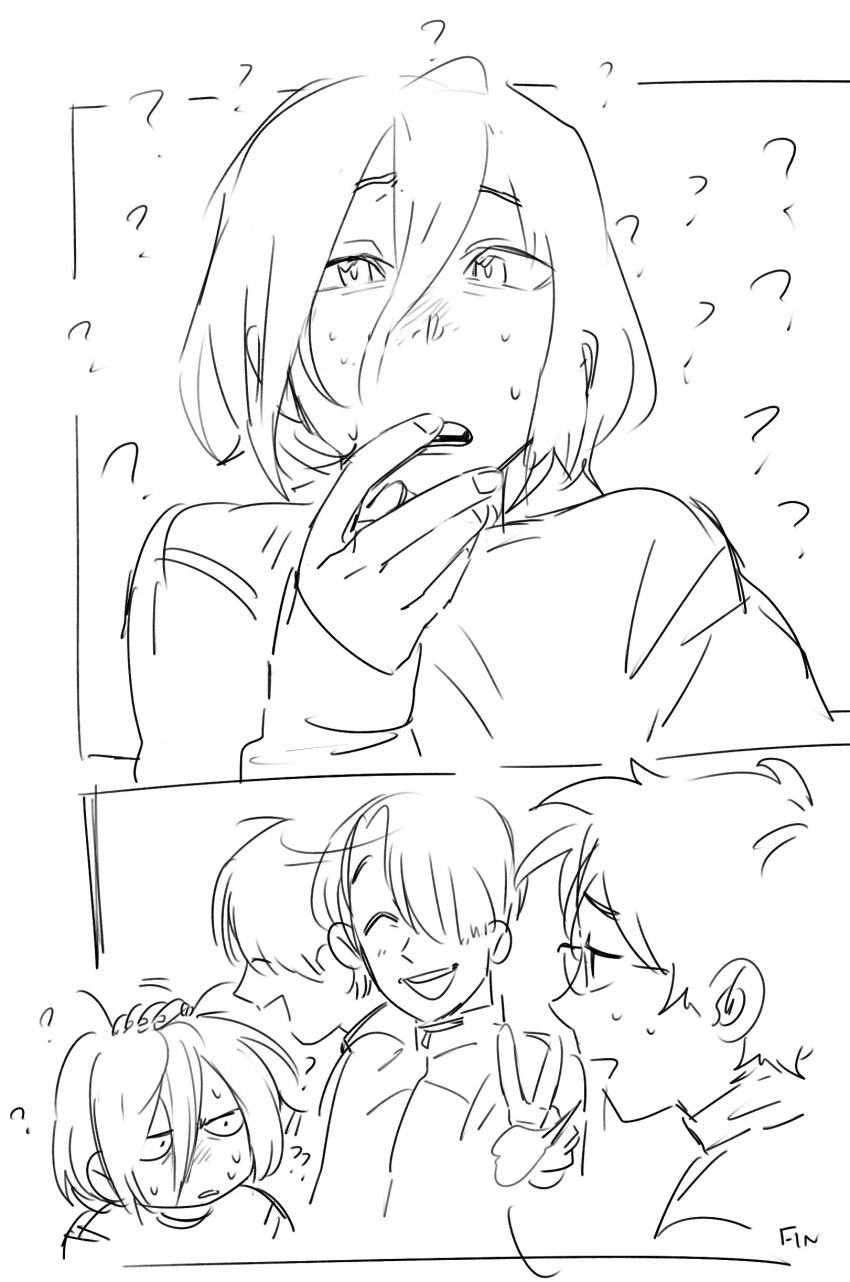 2koma, 3boys, ?, absurdres, closed_eyes, comic, confused, glasses
