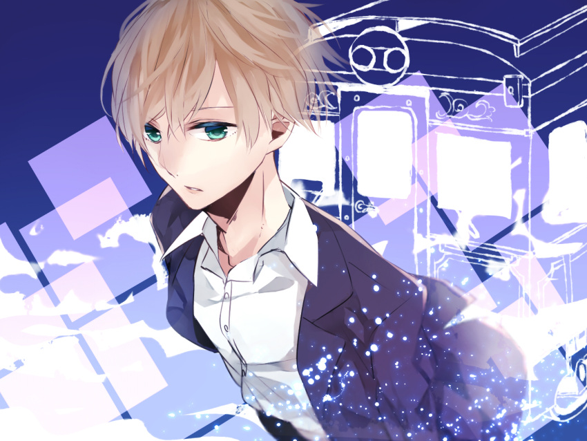 1boy, blue_background, blue_eyes, brown_hair, from_above, ground_vehicle, jacket, male_focus