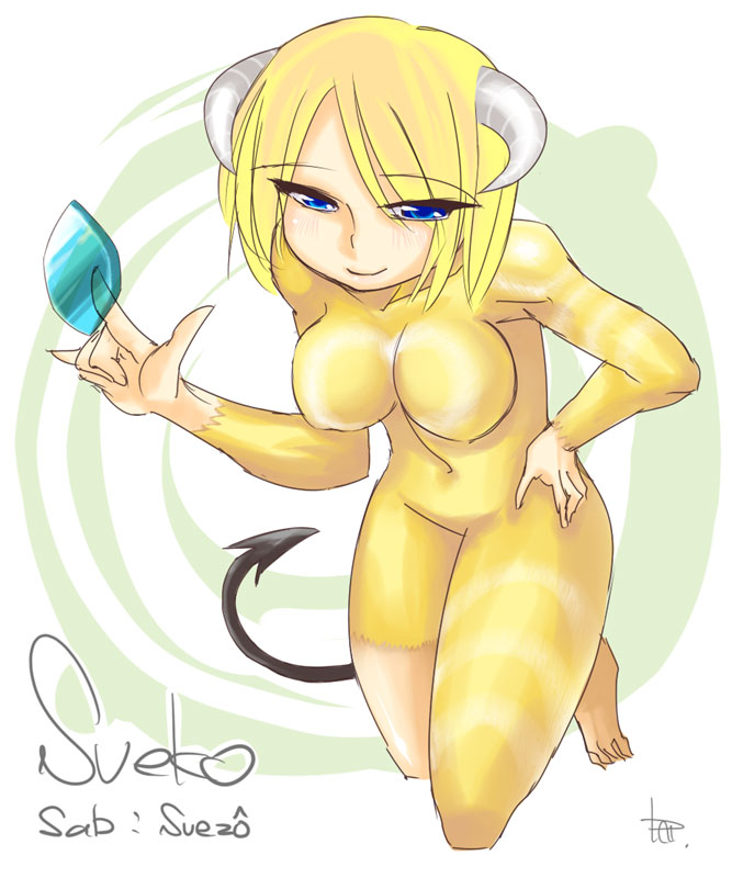 aoba_ryouji, barefoot, blonde_hair, blue_eyes, blush, demon_tail, hand_on_hip, horns, monster_rancher, pixie_(monster_rancher), smile, tail