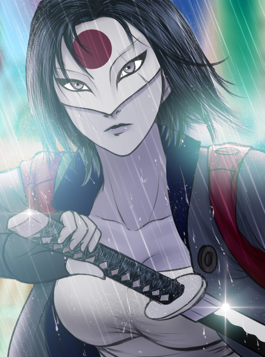 1girl, black_hair, breasts, cleavage, dc_comics, grey_eyes, highres, jacket