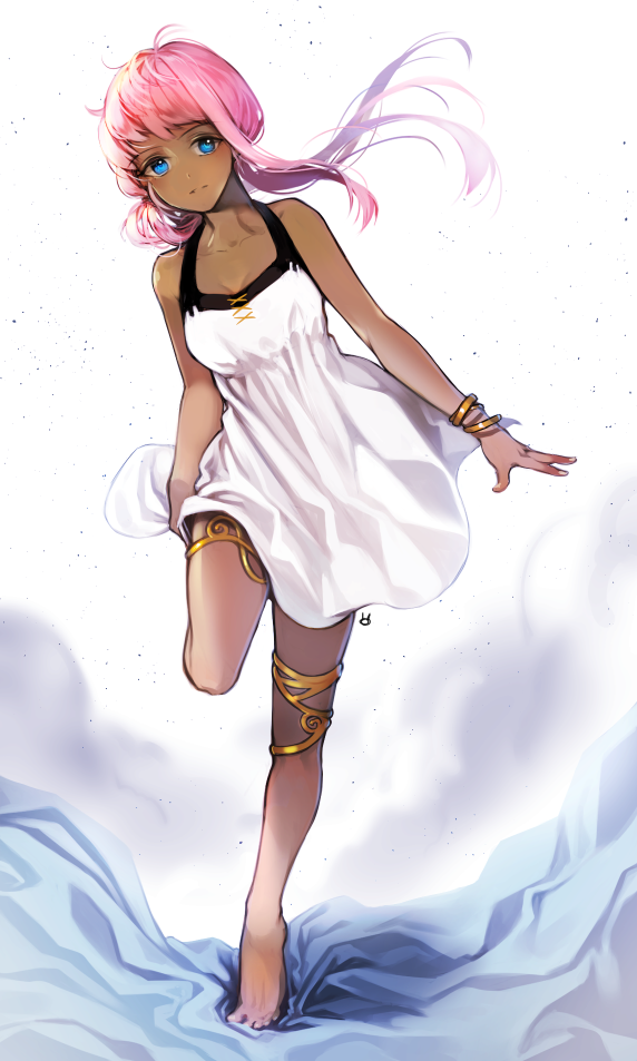 1girl, bare_shoulders, barefoot, blue_eyes, bracelet, chico907, dark_skin, dress