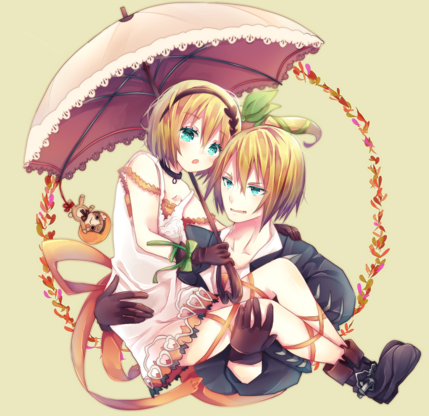 1girl, blonde_hair, blue_eyes, blush, brother_and_sister, carrying, choker, coat, edna_(tales), eizen_(tales), gloves, hair_ribbon, hairband, highres, leg_ribbon, looking_at_viewer, princess_carry, ribbon, rito_(azusa), short_hair, siblings, side_ponytail, solo, tales_of_(series), tales_of_berseria, tales_of_zestiria, umbrella