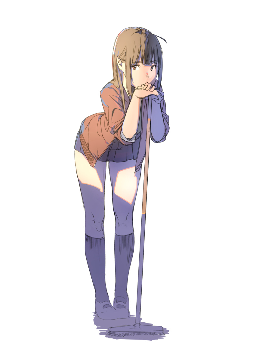 1girl, absurdres, bangs, black_legwear, black_skirt, broom, brown_eyes, brown_hair