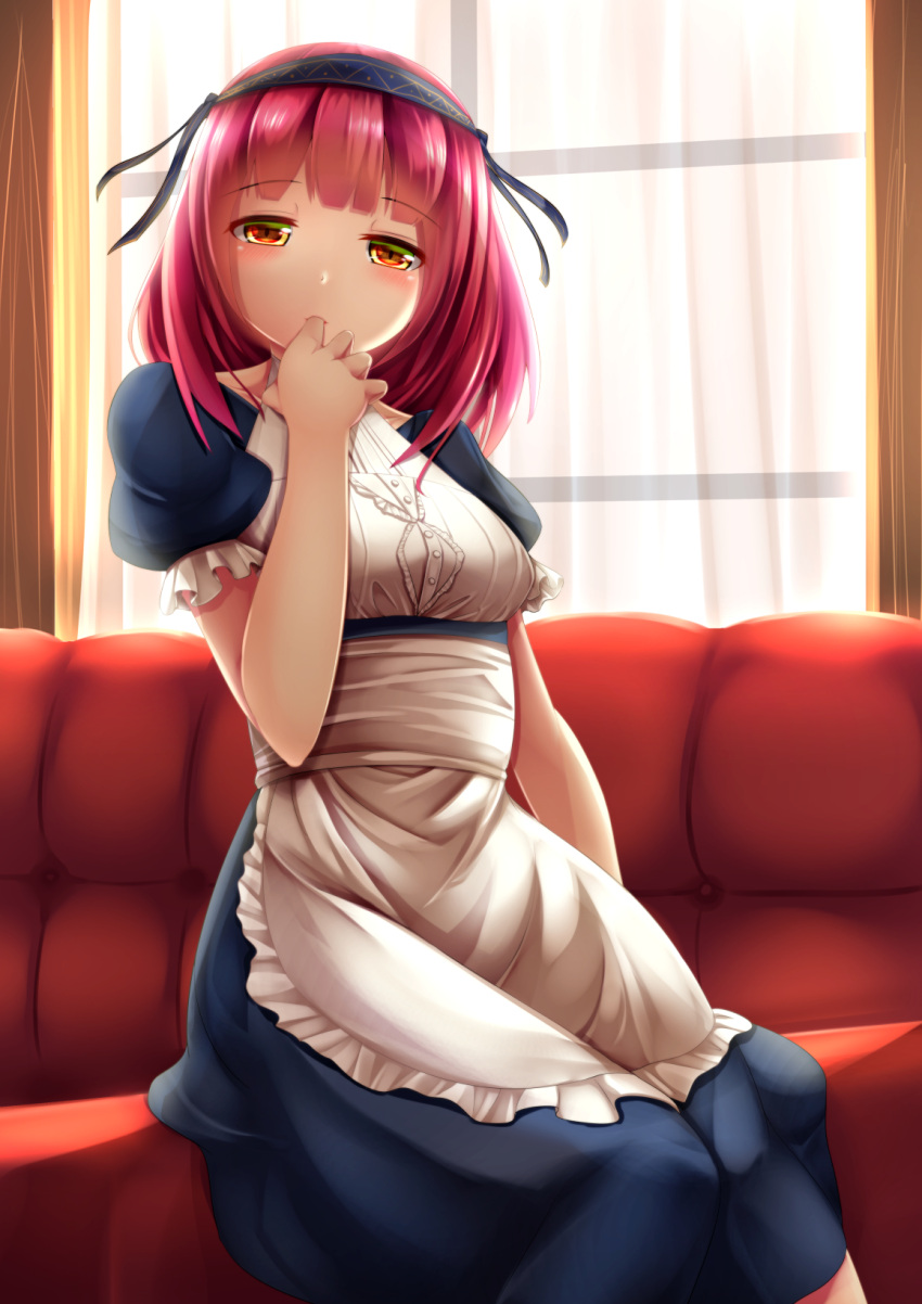 1girl, apron, come_hither, couch, curtains, finger_in_mouth, half-closed_eyes, headdress, highres, indoors, kirimori_toya, knees_together, looking_at_viewer, maid, original, pink_hair, puffy_short_sleeves, puffy_sleeves, red_eyes, short_hair, short_sleeves, sitting, solo, window