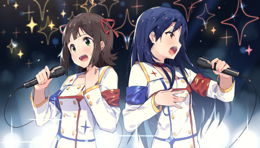 2girls, amami_haruka, blue_hair, blush, brown_eyes, brown_hair, ddal, green_eyes