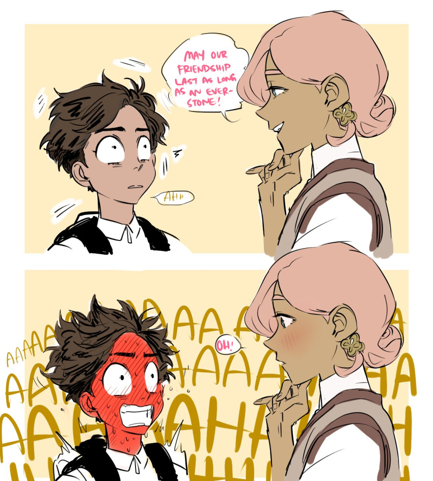 2boys, 2koma, backpack, bag, blue_eyes, blush, brown_hair, comic