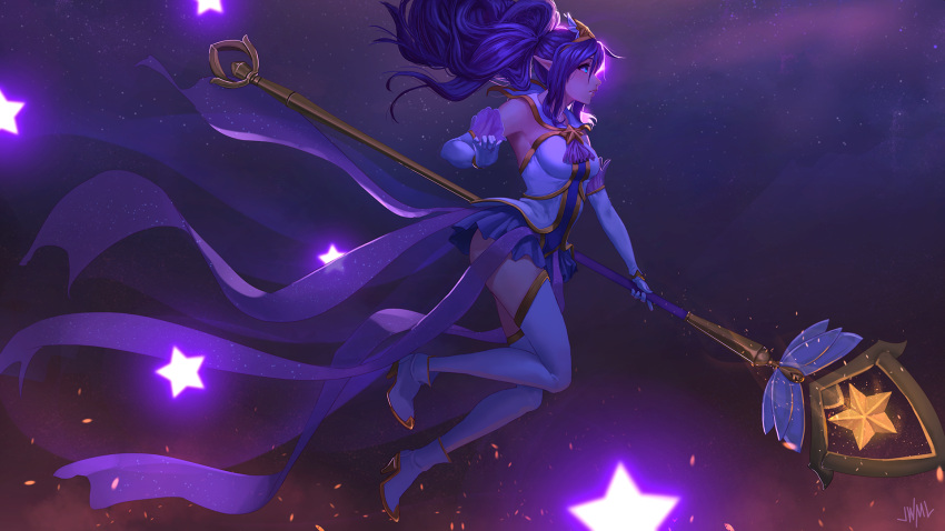 1girl, alternate_costume, blue_eyes, boots, breasts, elbow_gloves, floating, floating_hair