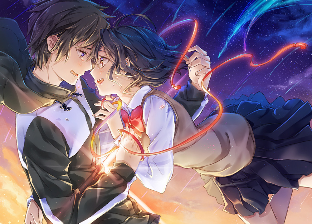 1boy, 1girl, black_hair, black_jacket, black_skirt, blue_eyes, blush, bow