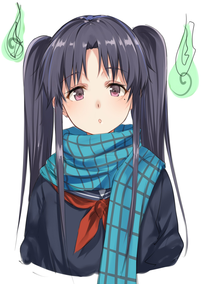 1girl, isshiki_(ffmania7), long_hair, mole, mole_under_eye, purple_hair, scarf, school_uniform, serafuku, sketch, solo, twintails, violet_eyes, working!!, working!!_(web_manga), yanagiba_miri
