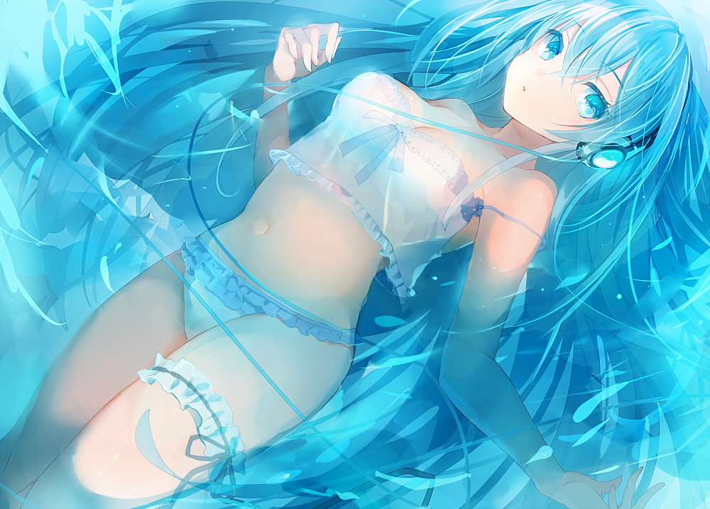 1girl, aqua_eyes, aqua_hair, bangs, bare_shoulders, black_ribbon, blue, blue_panties