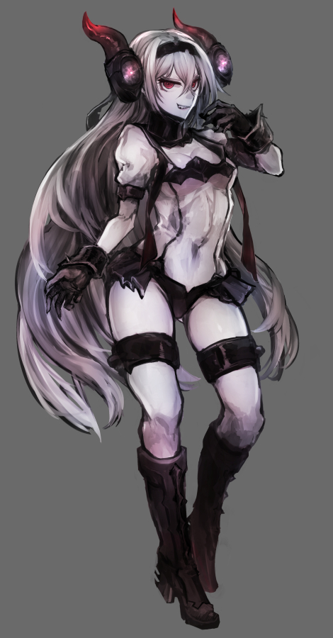 1girl, air_defense_hime, boots, breasts, cleavage, collar, covered_navel, fangs