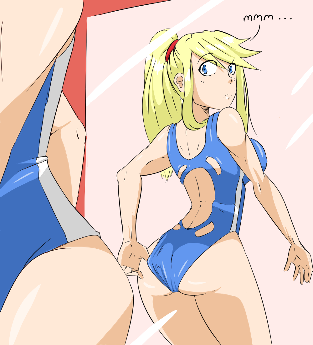 1girl, adjusting_clothes, adjusting_swimsuit, ass, blonde_hair, blue_eyes, blush, long_hair