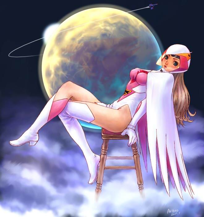 1girl, blue_eyes, boots, brown_hair, cape, chair, clouds, gatchaman