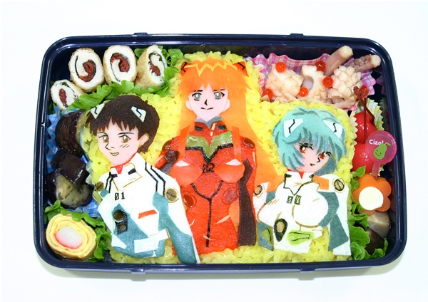 1boy, 2girls, ayanami_rei, food, food_art, gainaxtop, ikari_shinji, multiple_girls