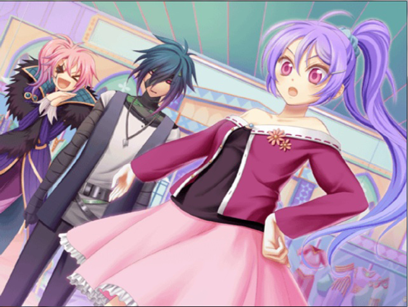 aspashia_(desert_kingdom), blue_hair, desert_kingdom, don_ficche, hanamura_mai, red_eyes, vee_(desert_kingdom)