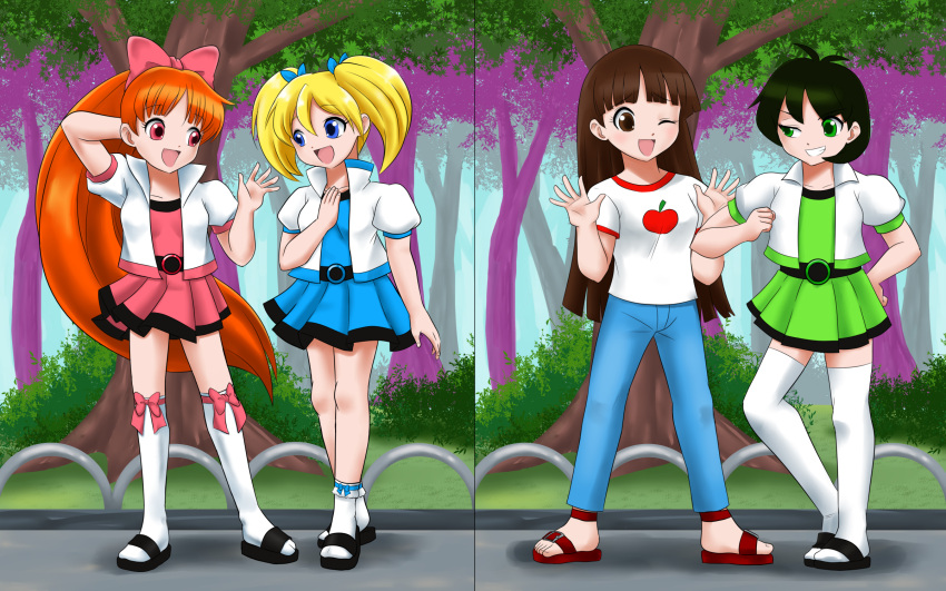 4girls, belt, black_hair, blonde_hair, blossom_(ppg), blue_eyes, brown_eyes, brown_hair