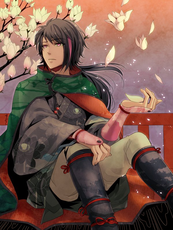 1boy, black_hair, flower, flower_print, japanese_clothes, lie_ren, long_hair, lotus, male_focus, mantle, pink_eyes, rwby, sumiwow