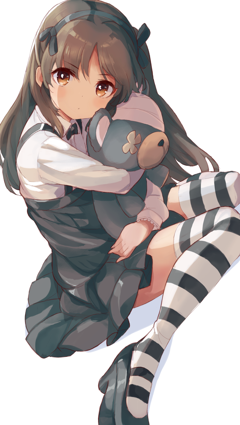 1girl, bandage, bangs, black_legwear, black_ribbon, black_shoes, black_skirt, boko_(girls_und_panzer), brown_eyes, brown_hair, collared_shirt, cosplay, dutch_angle, girls_und_panzer, hair_ribbon, highres, idolmaster, idolmaster_cinderella_girls, long_hair, long_sleeves, looking_at_viewer, object_hug, one_side_up, pursed_lips, ribbon, shimada_arisu, shimada_arisu_(cosplay), shirt, shoes, side_ponytail, simple_background, sitting, skirt, solo, striped, striped_legwear, stuffed_animal, stuffed_toy, suspender_skirt, suspenders, tachibana_arisu, teddy_bear, tetsujin_momoko, wariza, white_background, white_legwear, white_shirt