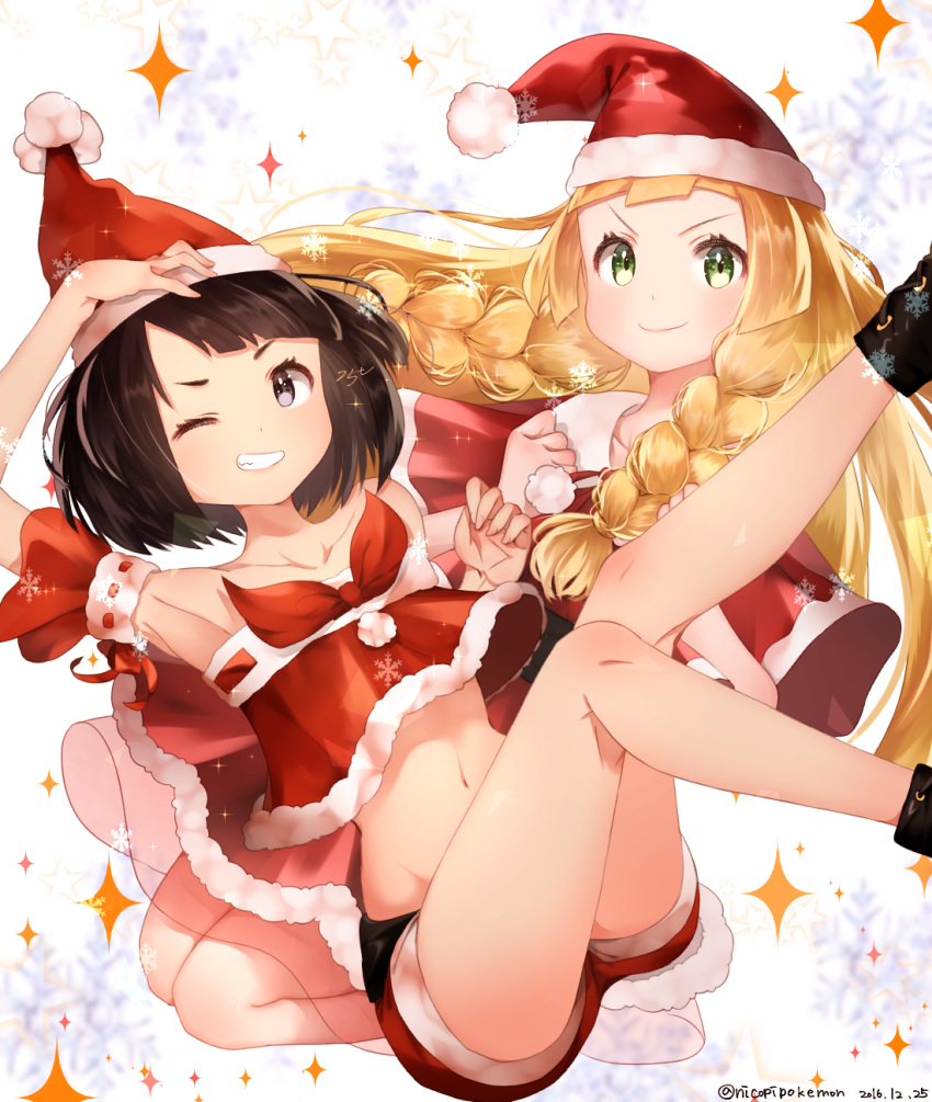 2girls, black_eyes, black_hair, blonde_hair, braid, female_protagonist_(pokemon_sm), fur_trim, green_eyes, hat, highres, lillie_(pokemon), long_hair, multiple_girls, navel, nicopipokemon, one_eye_closed, pokemon, pokemon_(game), pokemon_sm, red_hat, red_shorts, santa_costume, santa_hat, see-through, short_hair, shorts, smile, snowflakes, twin_braids