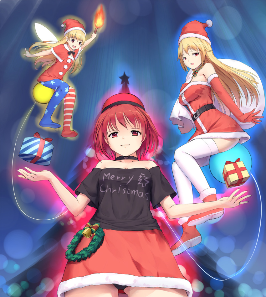 3girls, :d, alternate_costume, american_flag_legwear, aura, bell, belt, black_panties