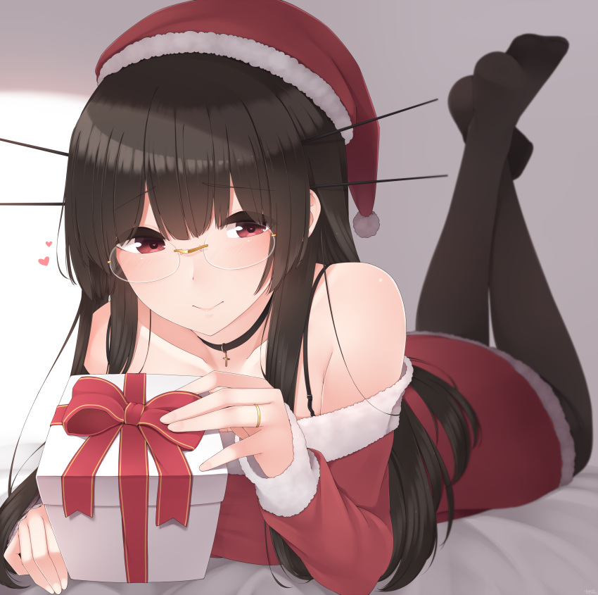 1girl, absurdres, bare_shoulders, black_hair, black_legwear, blush, box, choukai_(kantai_collection)