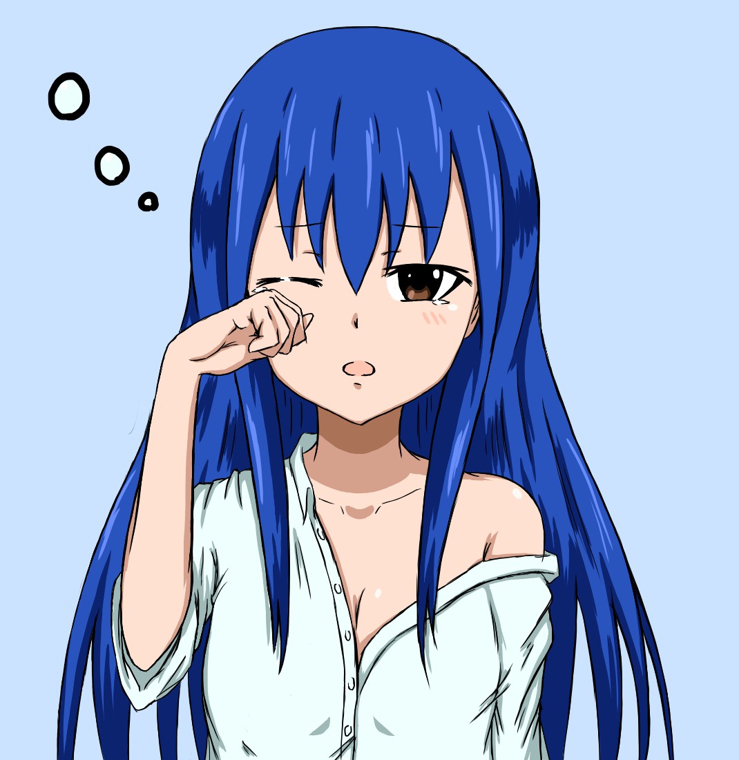1girl, arute_arisu, blue_background, blue_hair, breasts, brown_eyes, cleavage, collar