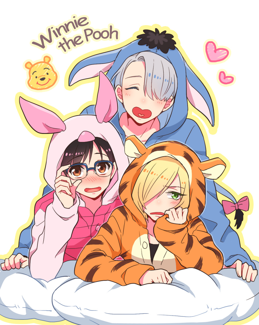 3boys, adjusting_glasses, animal_costume, black_hair, blonde_hair, blue-framed_eyewear, blush, brown_eyes, chin_rest, closed_eyes, cosplay, eeyore, eeyore_(cosplay), glasses, green_eyes, hair_over_one_eye, heart, heart_in_mouth, highres, katsuki_yuuri, lying, male_focus, multiple_boys, nightcat, on_stomach, open_mouth, piglet_(winnie_the_pooh), piglet_(winnie_the_pooh)_(cosplay), pillow, pooh, silver_hair, smile, tigger, tigger_(cosplay), viktor_nikiforov, winnie_the_pooh, yuri!!!_on_ice, yuri_plisetsky