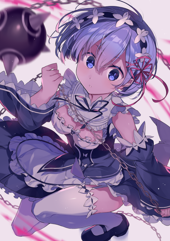 1girl, blue_eyes, blue_hair, detached_sleeves, flail, frilled_sleeves, frills, hair_ornament