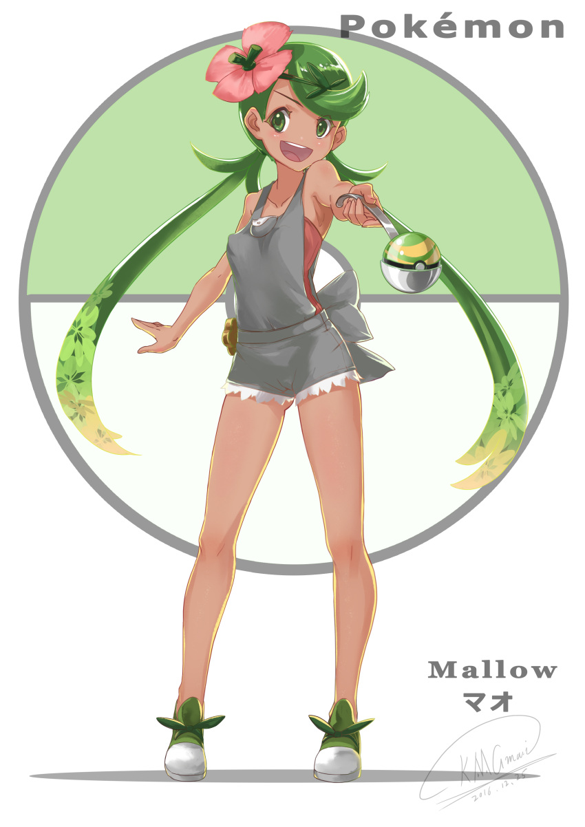 1girl, absurdres, dark_skin, dress, flower, full_body, green_eyes, green_hair