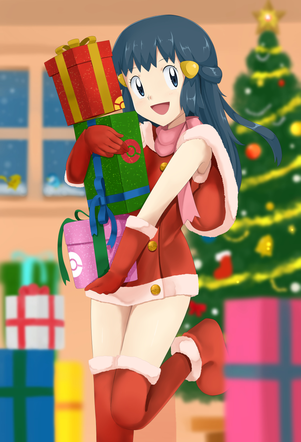 1girl, blue_hair, christmas, christmas_lights, christmas_ornaments, christmas_tree, gift, gloves
