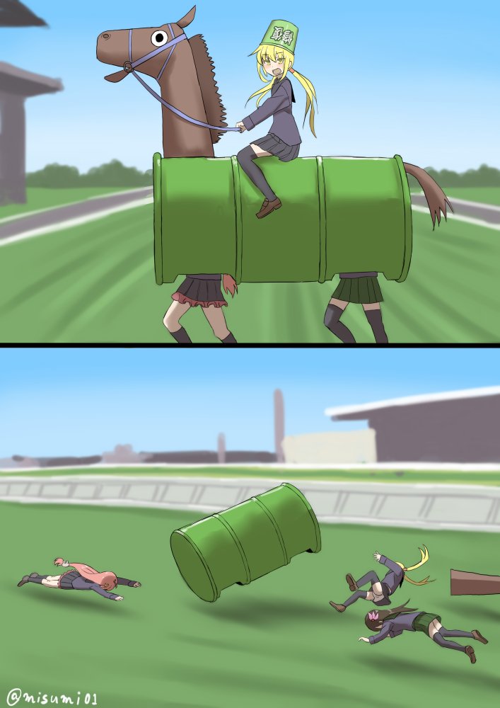 3girls, :d, black_legwear, black_serafuku, blonde_hair, brown_hair, bucket, bucket_on_head