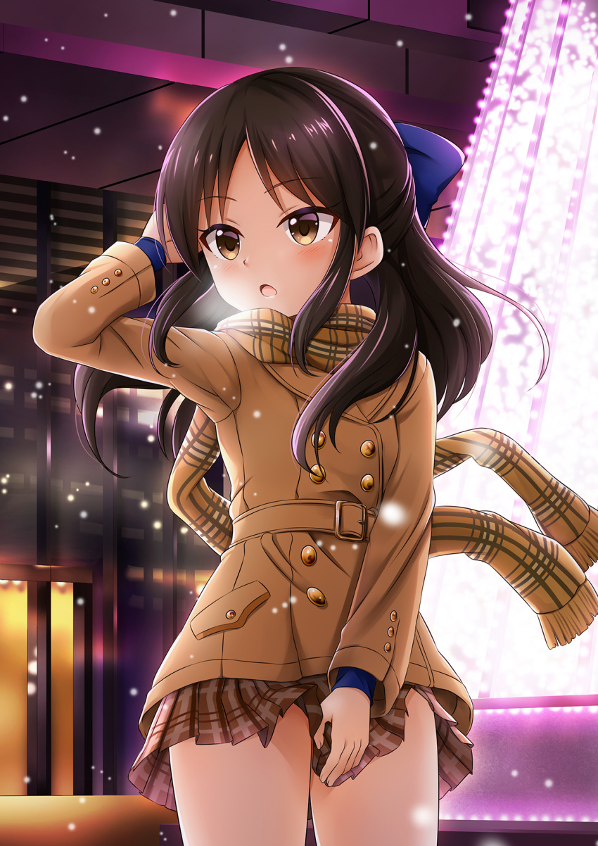 1girl, blush, bow, breath, brown_eyes, brown_hair, glowing, hair_bow
