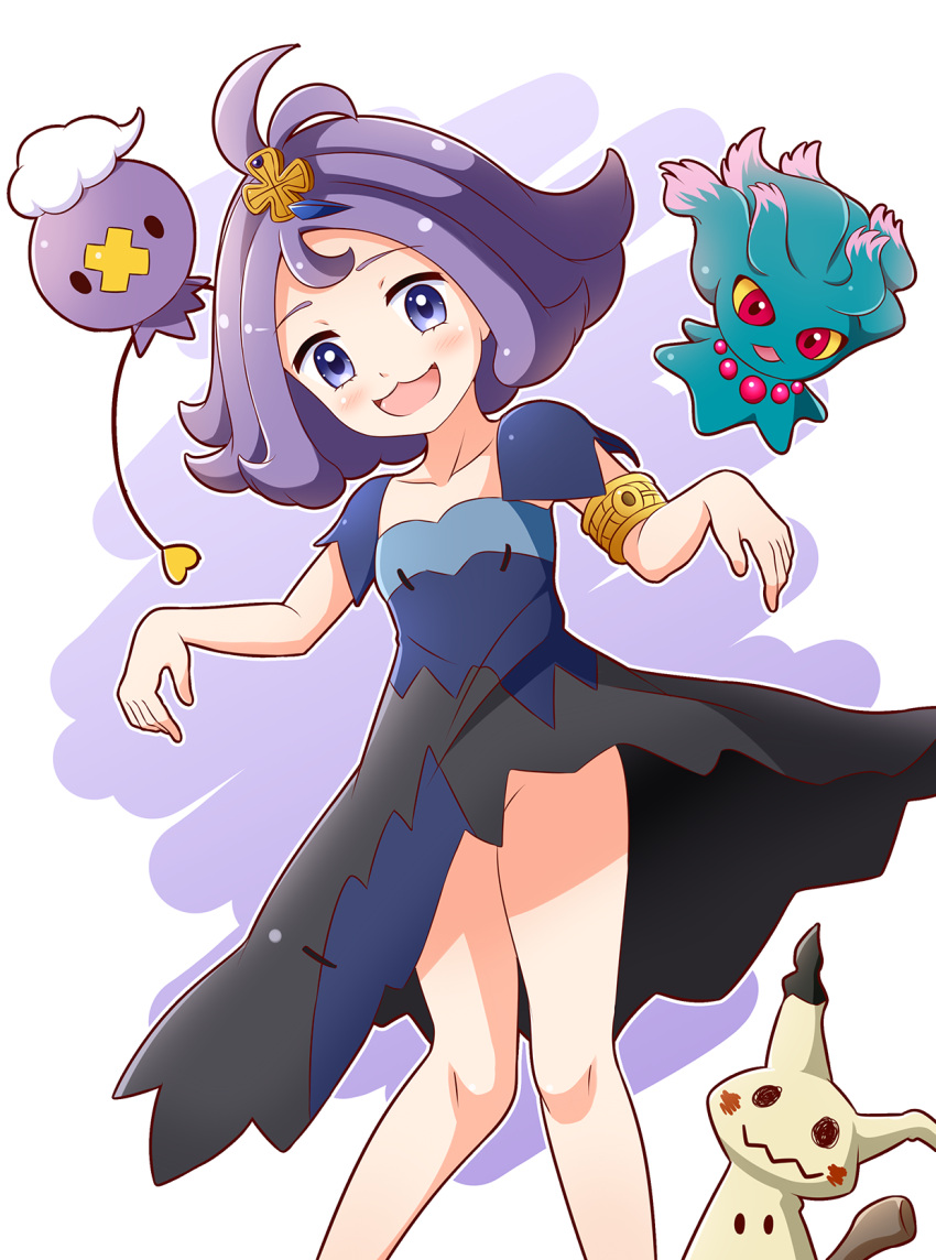 1girl, acerola_(pokemon), armlet, dress, drifloon, flipped_hair, hair_ornament, highres