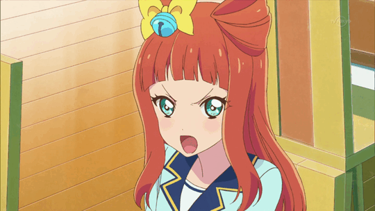 aikatsu!, aikatsu_stars!, angry, animated, animated_gif, bell, bow, bow_hair, cat_paw, episode_request, fangs, green_eyes, hair_bow, hiss, jingle_bell, orange_hair, pose, saotome_ako, school_uniform, signature, slit_pupils