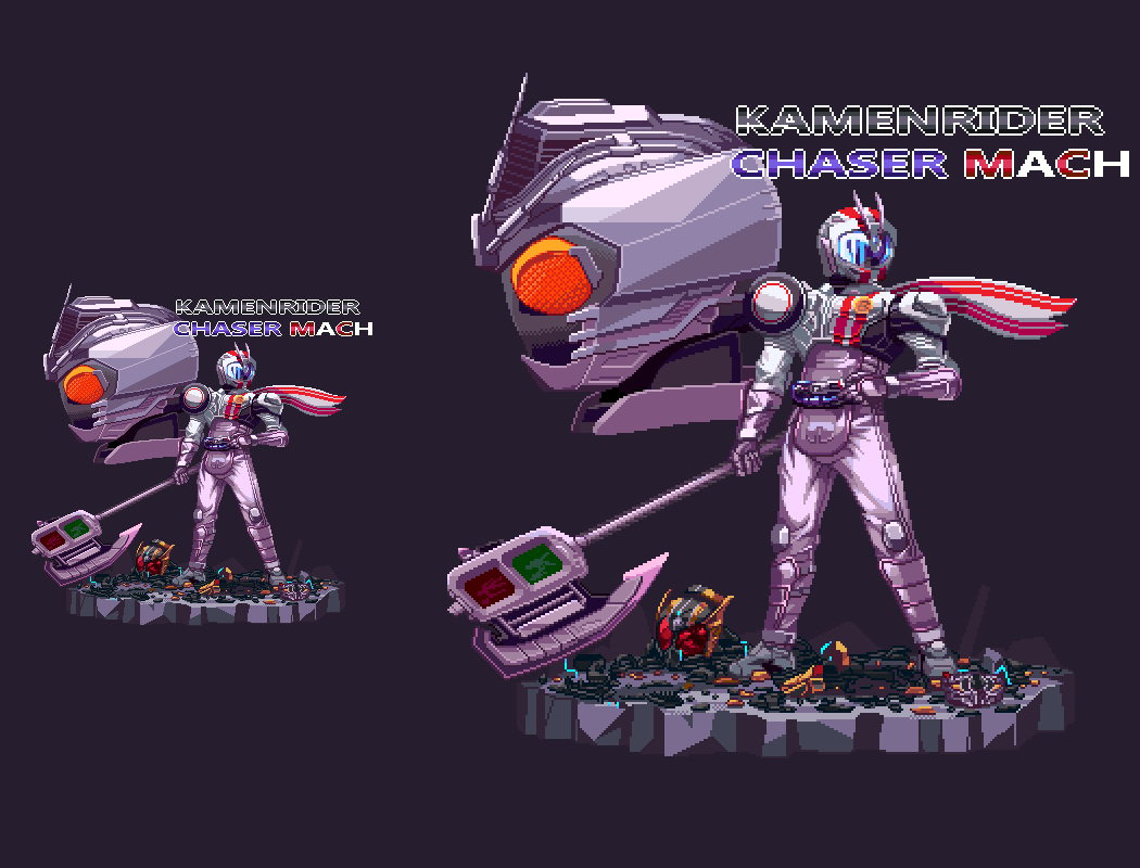 1boy, animated, animated_gif, armor, character_name, commentary_request, electricity, full_body, hand_on_hip, helmet, holding, holding_weapon, kamen_rider, kamen_rider_chaser, kamen_rider_drive_(series), male_focus, migel_futoshi, multiple_views, polearm, standing, weapon