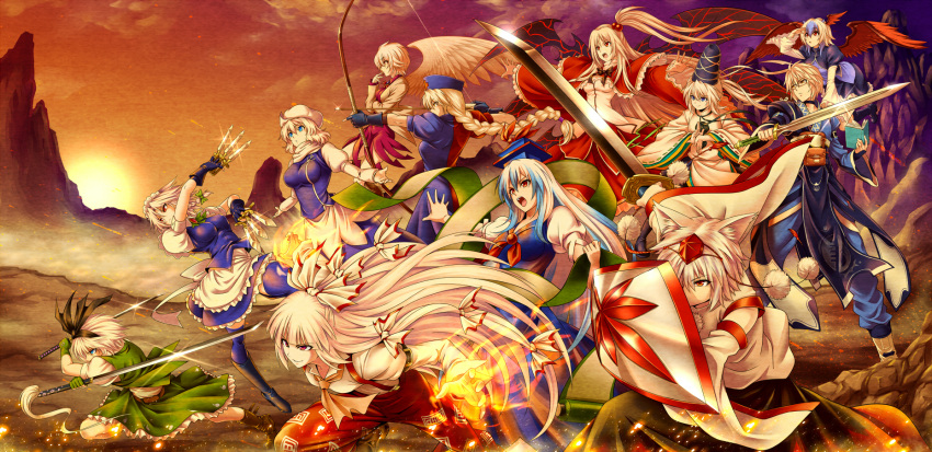 >:), >:d, 1boy, 6+girls, :d, arrow, baggy_pants, bangs