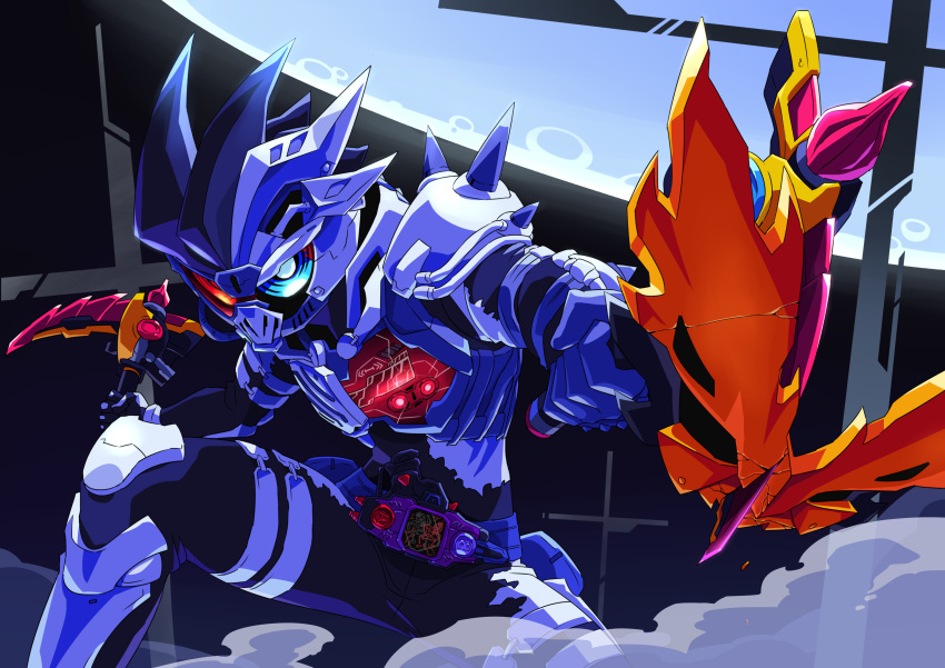 1boy, @_@, absurdres, armor, belt, dangerous_zombie_level_x, dual_wielding, highres, kamen_rider, kamen_rider_ex-aid_(series), kamen_rider_genm, male_focus, otokamu, scythe, solo, spikes, spoilers, visor
