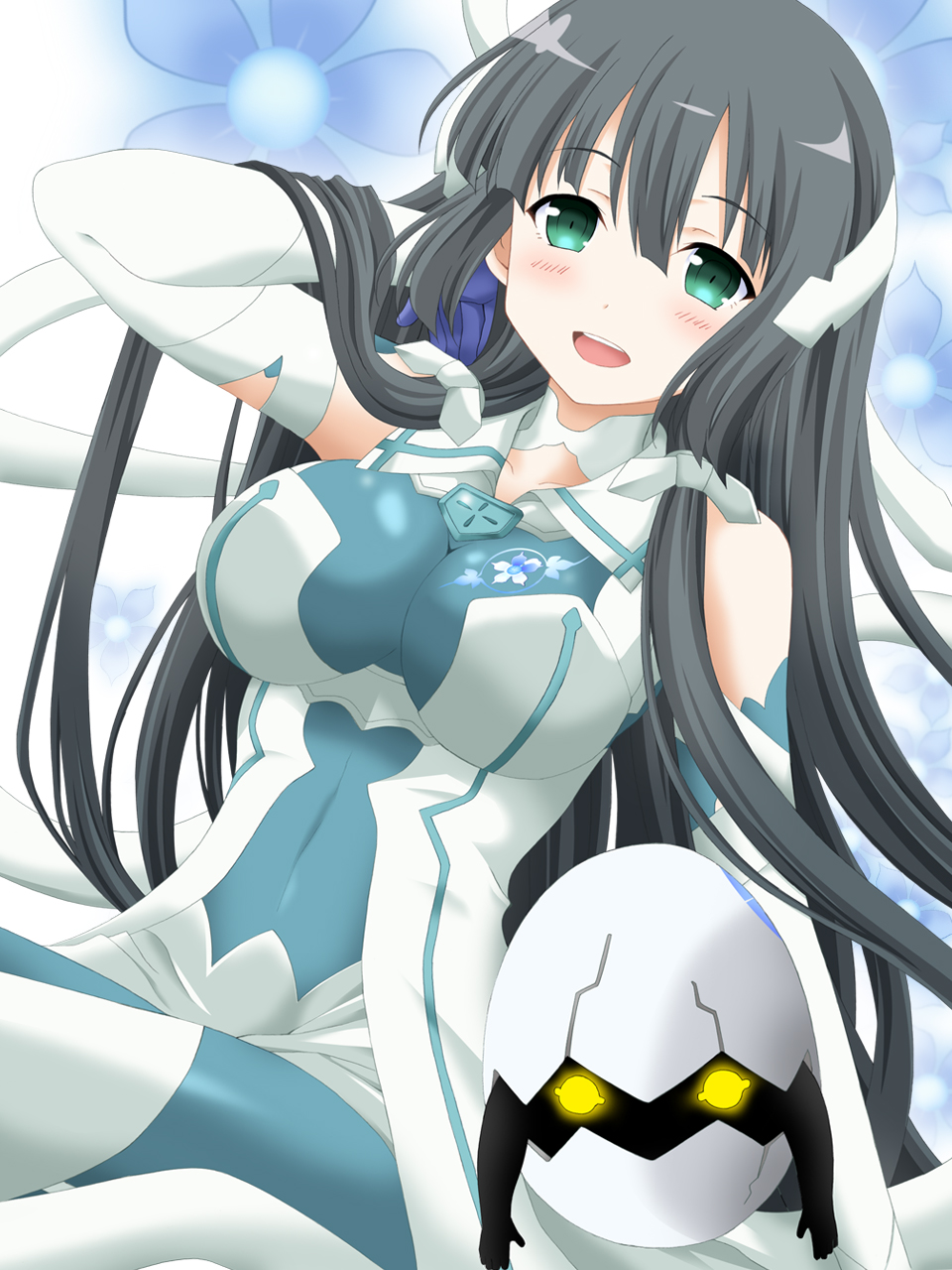 1girl, :d, aobouzu, arm_support, black_hair, blush, bodysuit, breasts