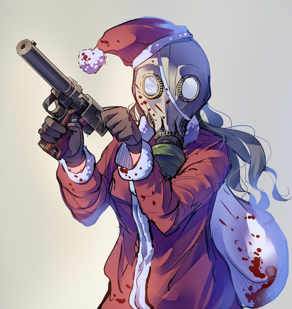 1girl, black_gloves, blood, daito, gas_mask, gloves, gp-5, grey_background, grey_hair, hat, jacket, long_hair, long_sleeves, makarov_pb, original, racking_slide, red_jacket, sack, santa_costume, santa_hat, simple_background, solo, suppressor