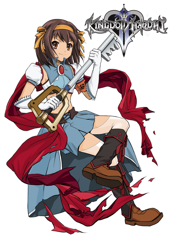 brown_eyes, brown_hair, cosplay, keyblade, kingdom_hearts, parody, skirt, suzumiya_haruhi, suzumiya_haruhi_no_tomadoi, suzumiya_haruhi_no_yuuutsu, thigh-highs, thighhighs