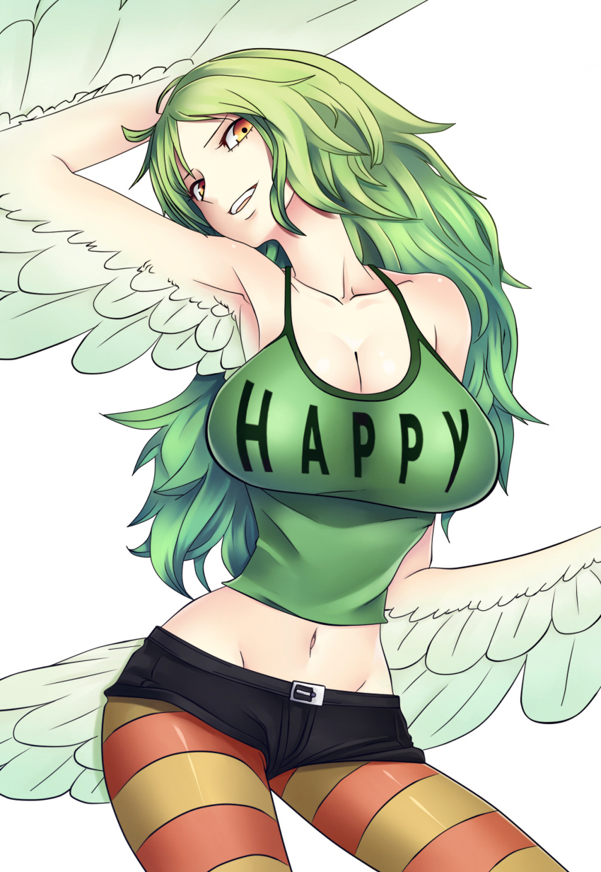 1girl, arm_behind_head, armpits, bare_shoulders, belly, breasts, cleavage, clothes_writing, collarbone, cowboy_shot, eyebrows, eyelashes, feathered_wings, green_hair, groin, harpy, head_tilt, highres, impossible_clothes, impossible_shirt, large_breasts, lchrno, long_hair, looking_at_viewer, midriff, monet_(one_piece), monster_girl, navel, one_piece, open_mouth, parted_lips, shirt, short_shorts, shorts, simple_background, smile, solo, striped, striped_legwear, tank_top, teeth, wavy_hair, white_background, wings, yellow_eyes