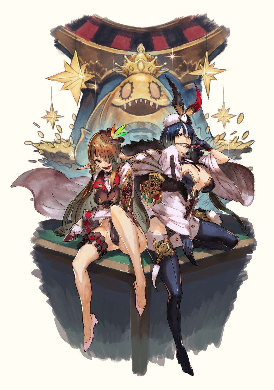 2girls, ainezu, bare_legs, breasts, brown_hair, card, chain_chronicle, coin